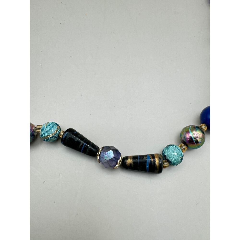 Vintage Blue Teal Gold Metallic Beaded Necklace - Picture 4 of 10